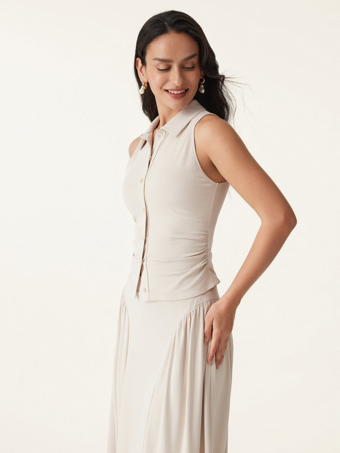 Collared Faux Button Placket Side Ruched Vest Top