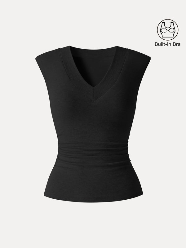 Sweat-Wicking V-Neck Wide Shoulder Ruched Bra Top