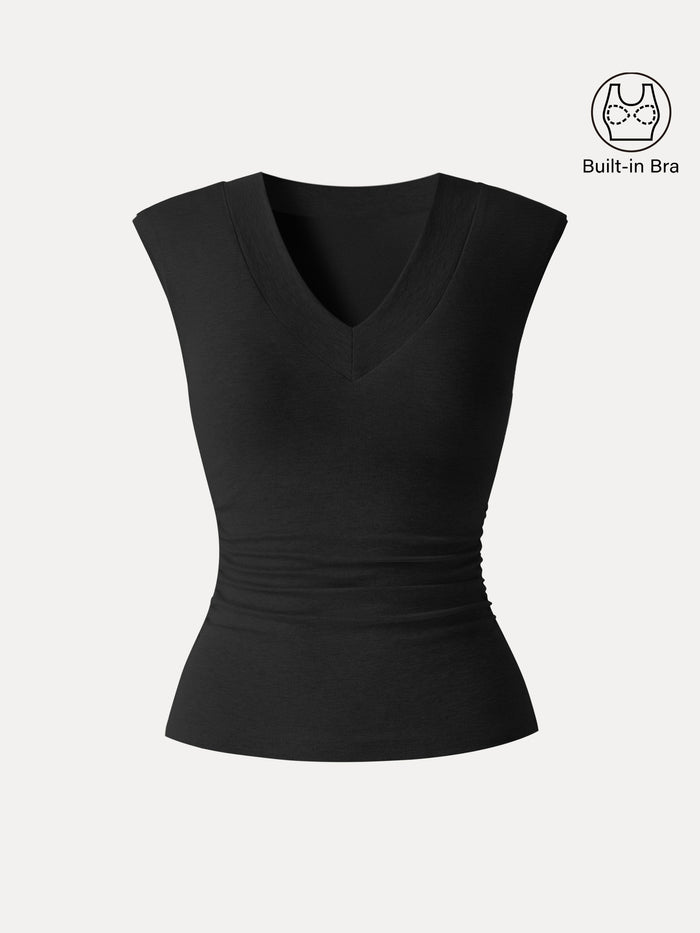 Sweat-Wicking V-Neck Wide Shoulder Ruched Bra Top