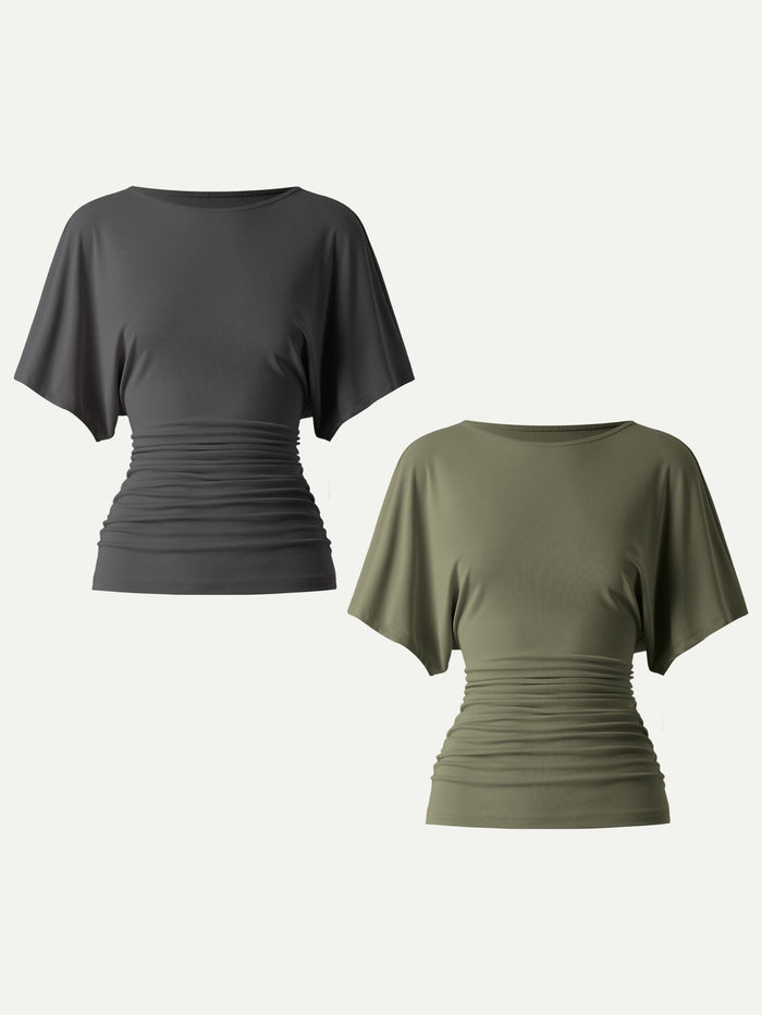 Effortless Boatneck Batwing Sleeve Side Ruched Top