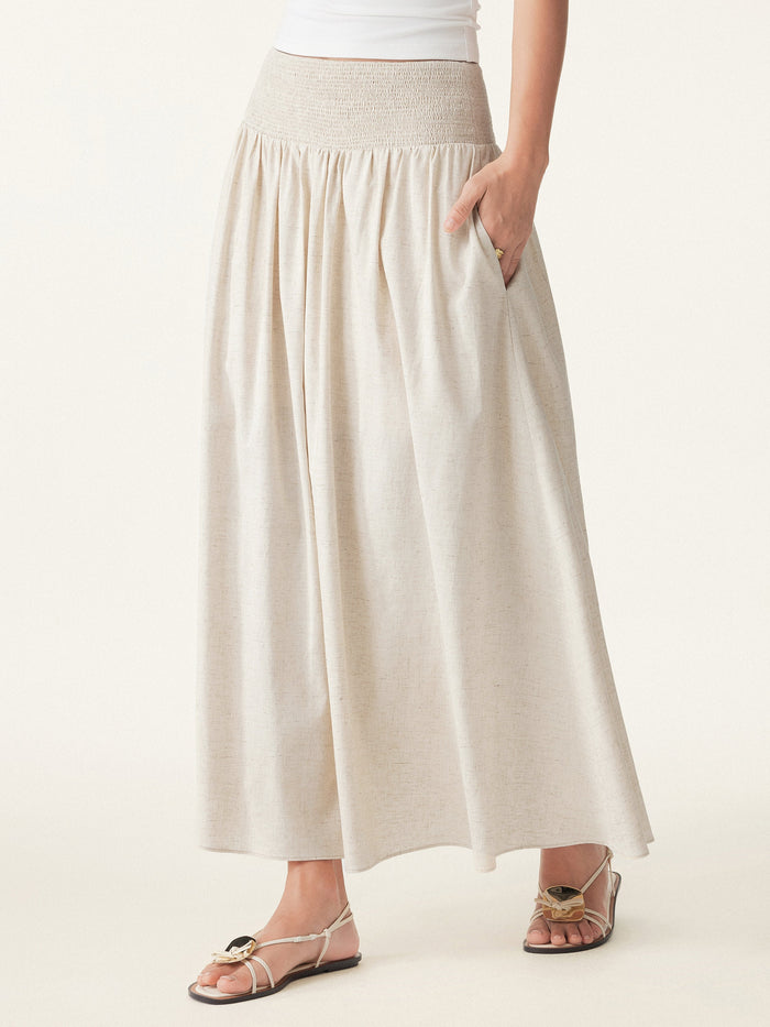 European Linen Smocked Waist Skirt with Pockets