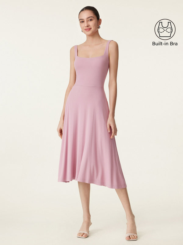 Square Neck Flowy New Airy Bra Midi Dress