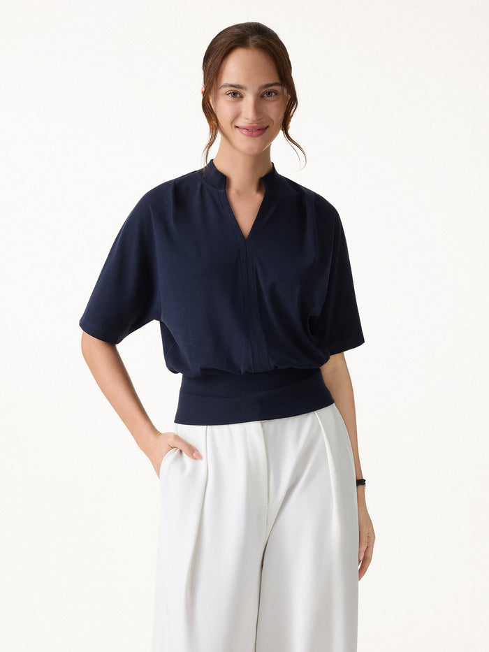Stand Collar V-Neck Short Sleeve Top