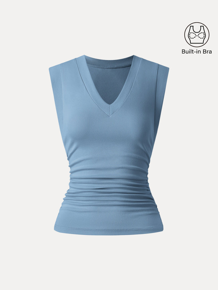 Stretch Cotton V-neck Side Ruched Muscle Bra Top