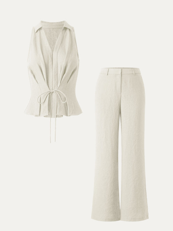 2Pcs Set Collared V-neck Sleeveless Top & Mid Rise Flared Pant with Pockets