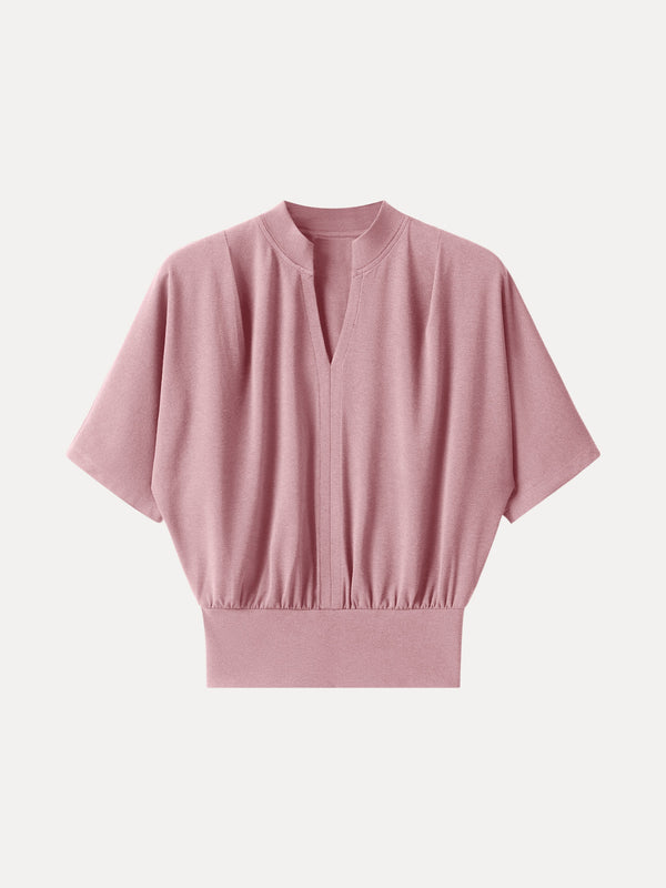 Stand Collar V-Neck Short Sleeve Top