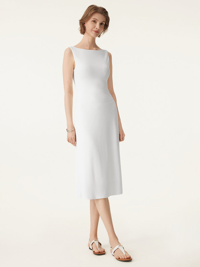 Classy Boatneck Open Back Bandless Midi Bra Dress