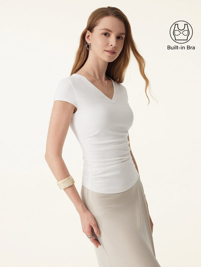 Elevated V-neck Side Ruched Cap Sleeve Bra Tee