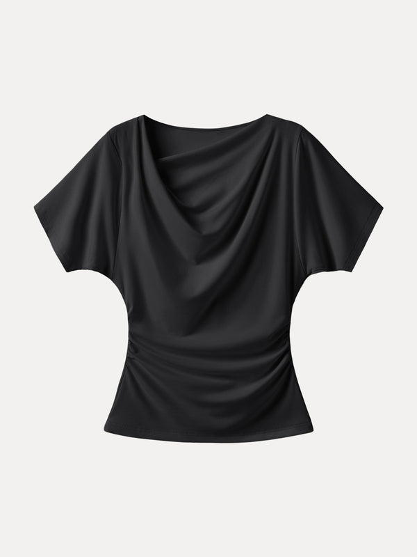Asymmetrical Cowl Neck Ruched Top