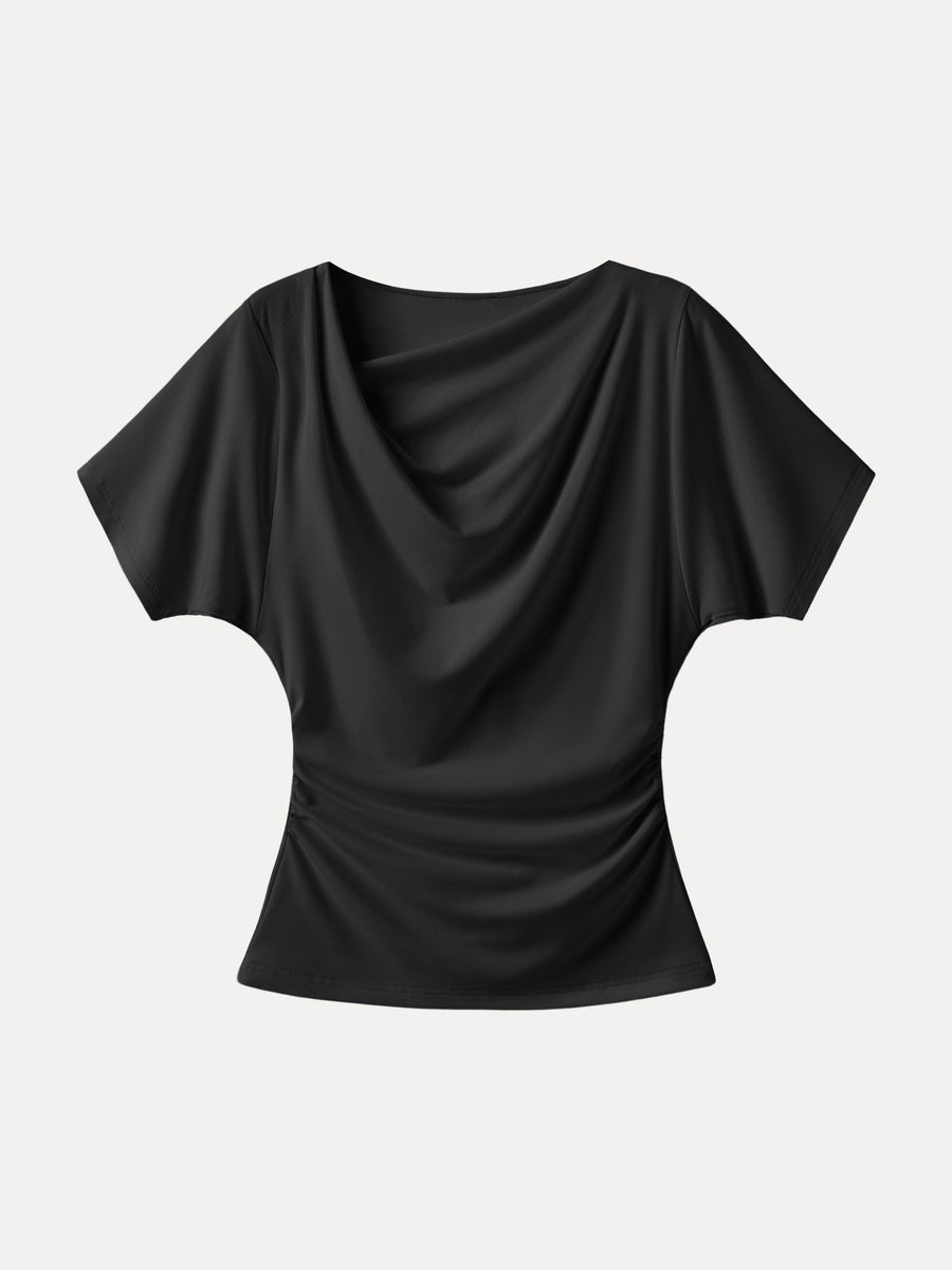 Asymmetrical Cowl Neck Ruched Top