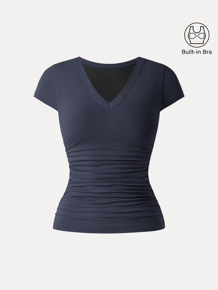 Elevated V-neck Side Ruched Cap Sleeve Bra Tee