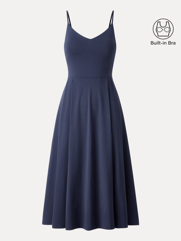 Bamboo Ponte V-neck Fit-and-flare Midi Bra Sundress with Pockets