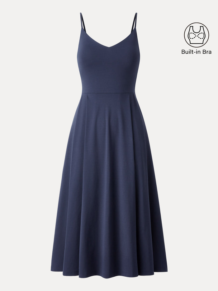 Bamboo Ponte V-neck Fit-and-flare Midi Bra Sundress with Pockets