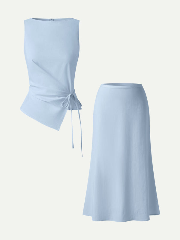 2Pcs Set Boatneck Waist-Defined Top & Maxi Flared Pull-On Skirt