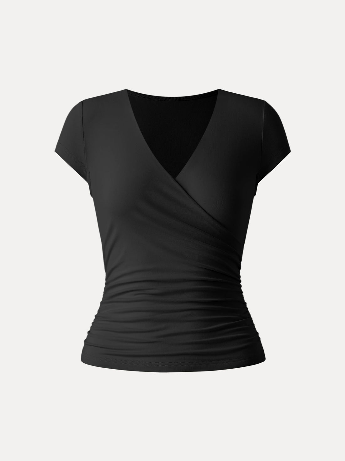 Surplice Cap Sleeve Side Ruched Fitted Tee