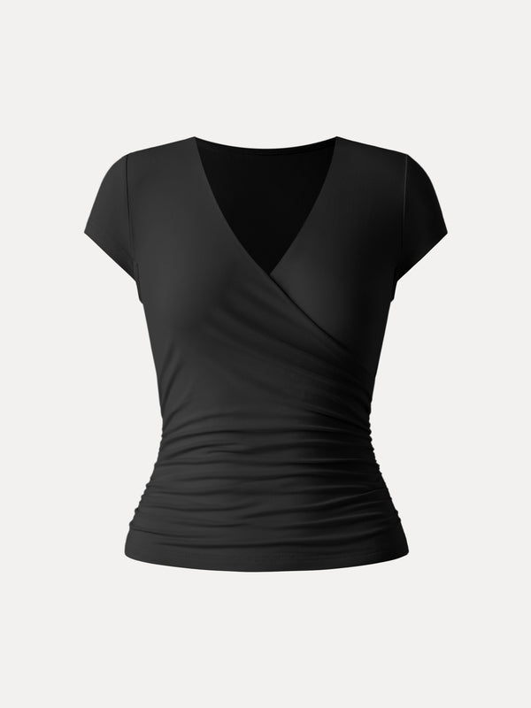 Surplice Cap Sleeve Side Ruched Fitted Tee