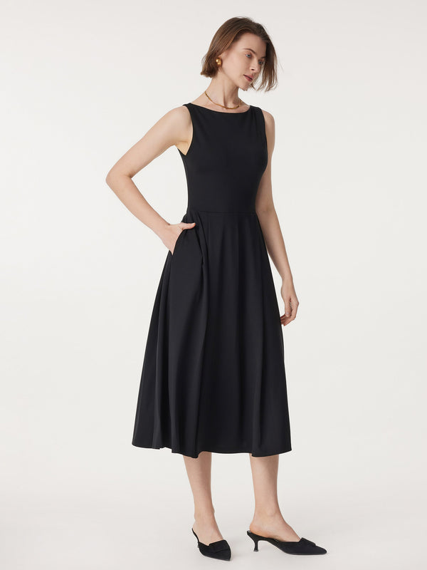 Boatneck Bamboo Ponte Bra Midi Dress with Pockets