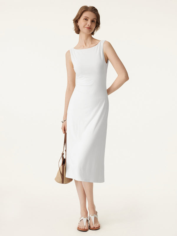 Classy Boatneck Open Back Bandless Midi Bra Dress