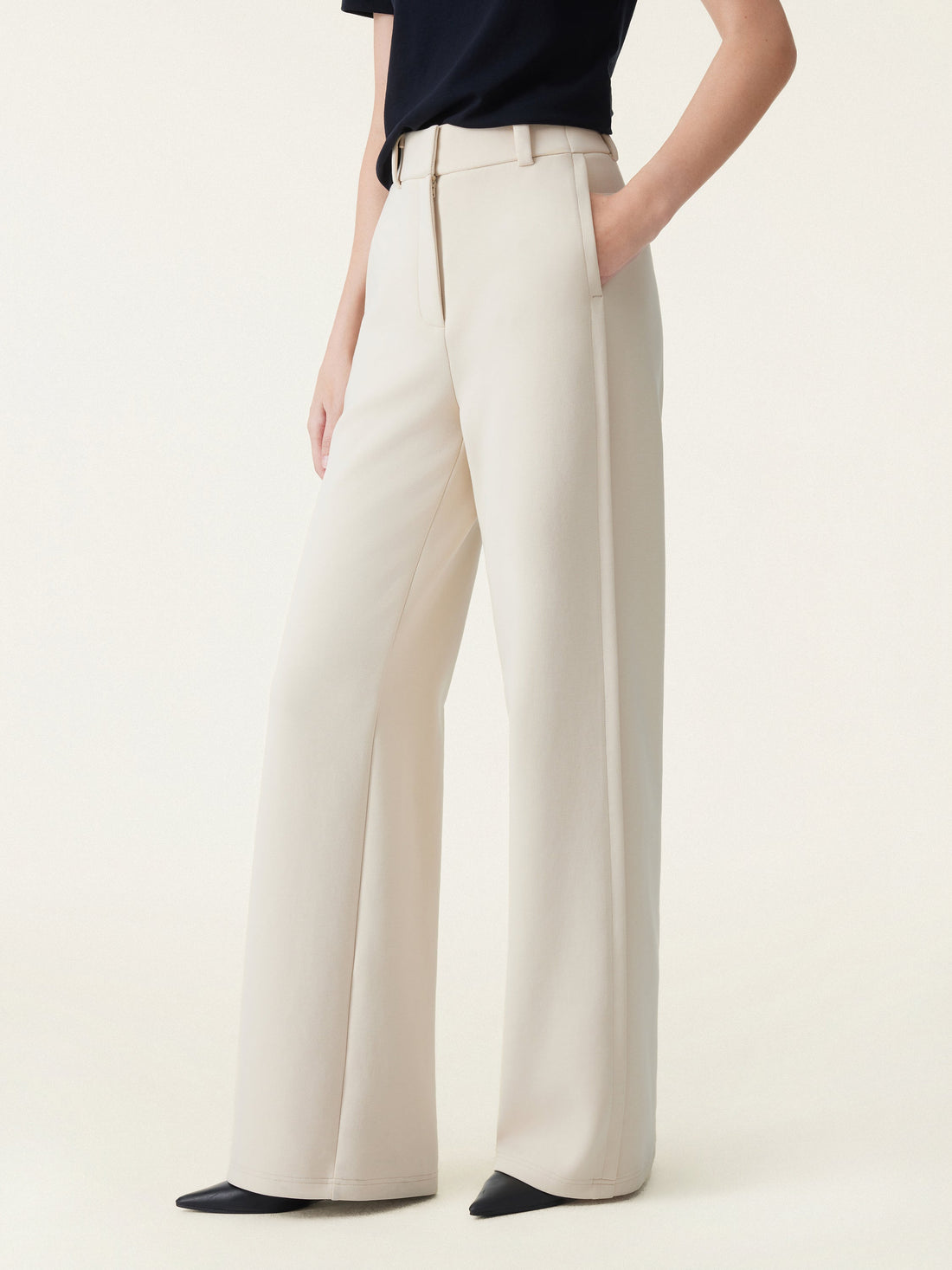 Stretchy Mid Rise Fly-Front Wide Leg Trouser