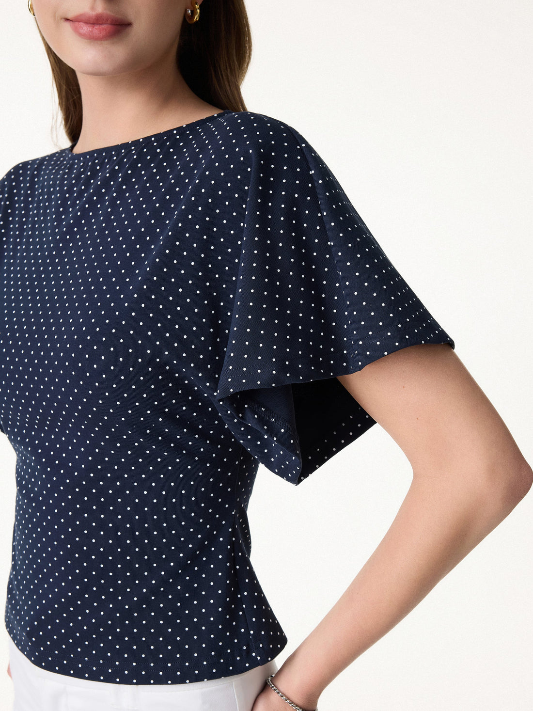Soft Stretch Cotton Boatneck Flutter Sleeves Polka Dot Top Limited Edition