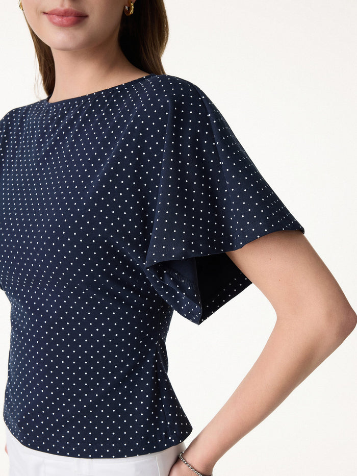 Soft Stretch Cotton Boatneck Flutter Sleeves Polka Dot Top Limited Edition