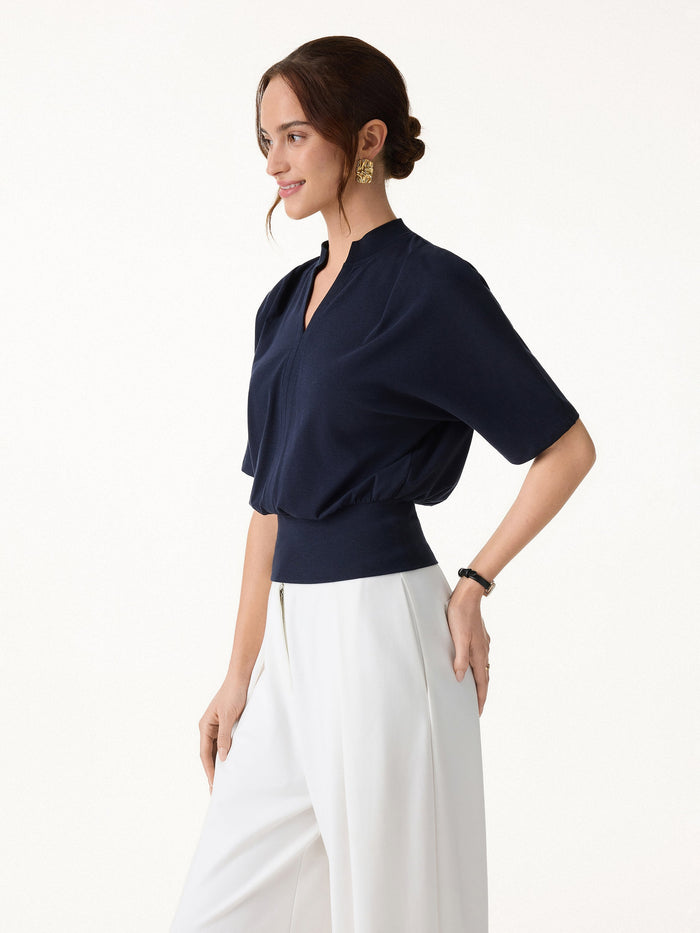 Stand Collar V-Neck Short Sleeve Top