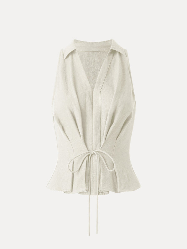 Collared V-neck Pleated Sleeveless Top with Drawstring