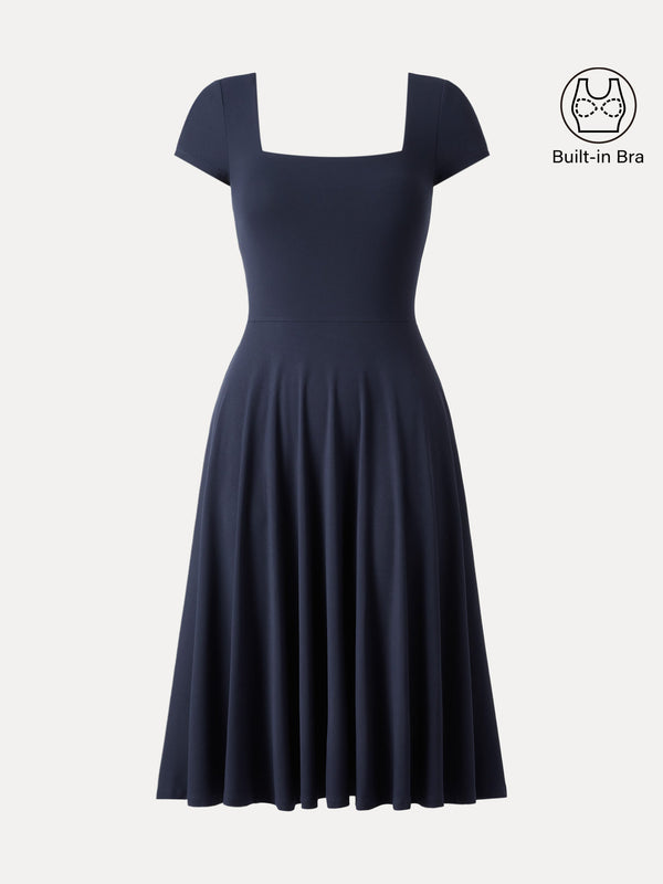 Flowy Square Neck Short Sleeve Midi Bra Dress