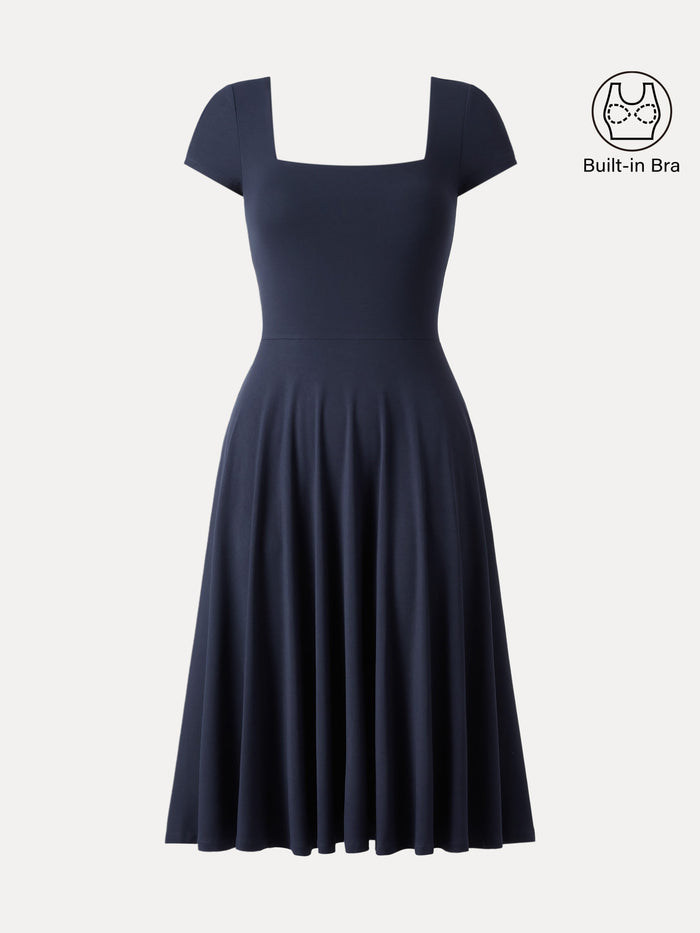 Flowy Square Neck Short Sleeve Midi Bra Dress