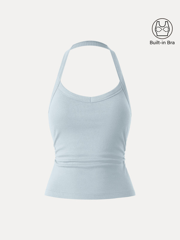 Halter Neck Side Ruched Ribbed Bra Tank