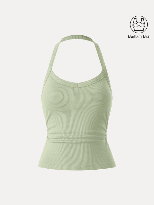 Halter Neck Side Ruched Ribbed Bra Tank