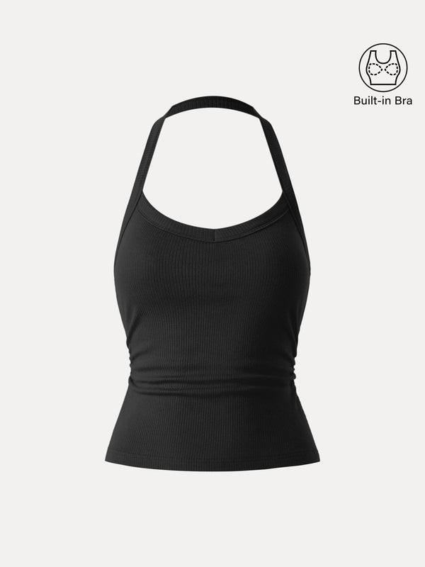 Halter Neck Side Ruched Ribbed Bra Tank