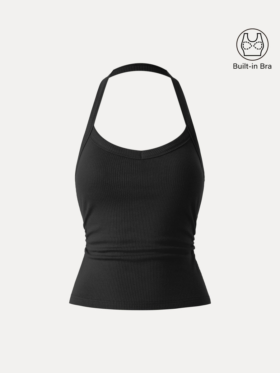 Halter Neck Side Ruched Ribbed Bra Tank