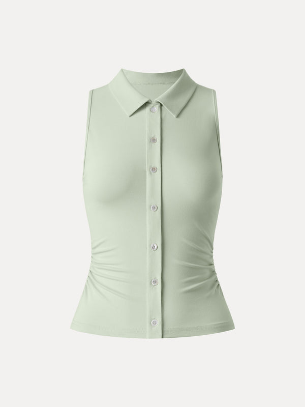Collared Faux Button Placket Side Ruched Vest Top