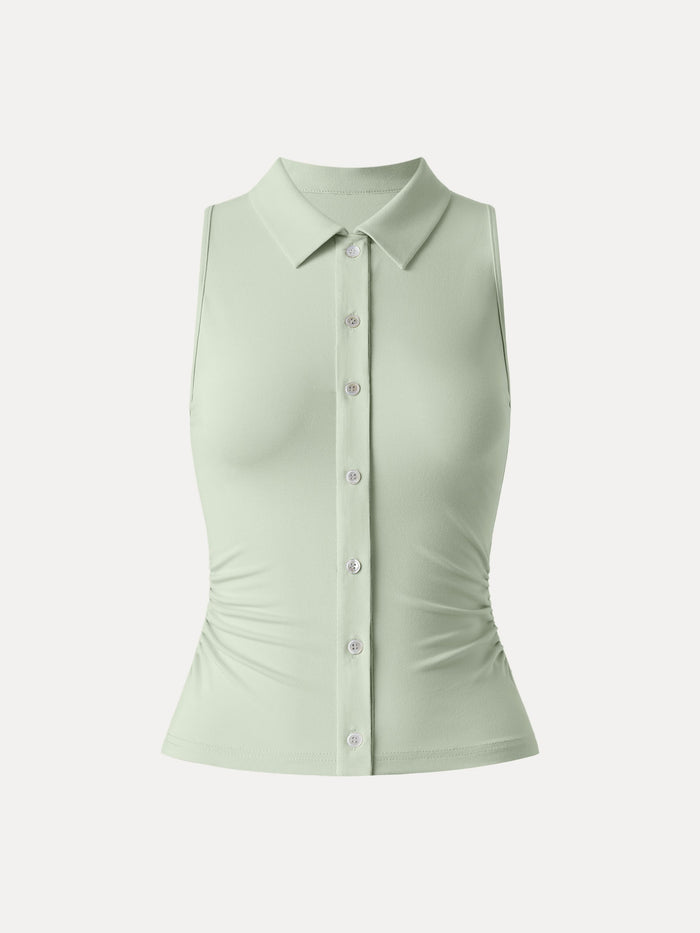 Collared Faux Button Placket Side Ruched Vest Top