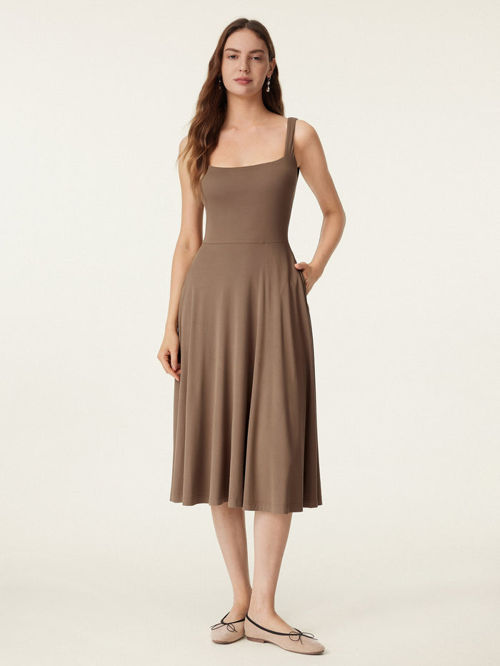 Square Neck Flowy New Airy Bra Midi Dress