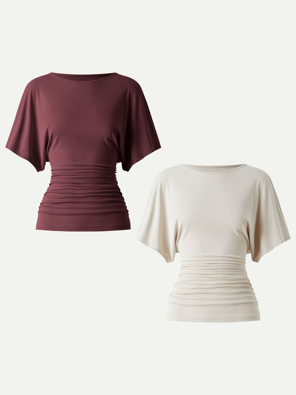 Effortless Boatneck Batwing Sleeve Side Ruched Top