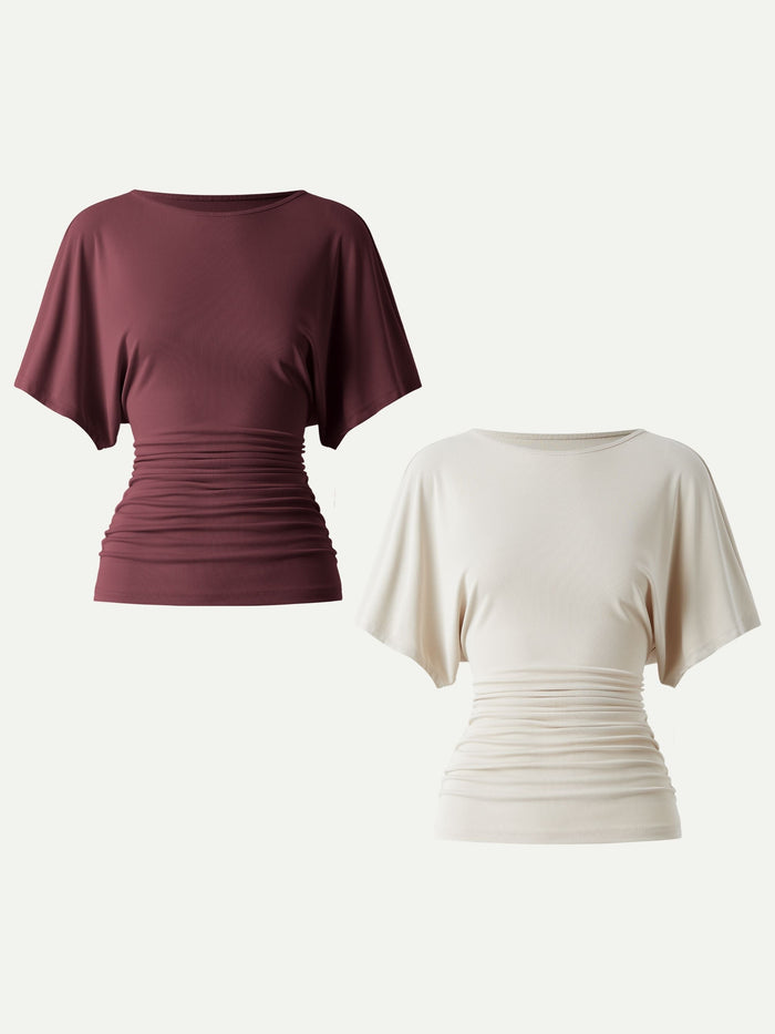 Effortless Boatneck Batwing Sleeve Side Ruched Top