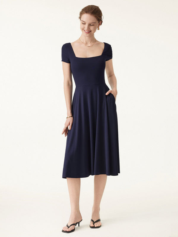 Flowy Square Neck Short Sleeve Midi Bra Dress