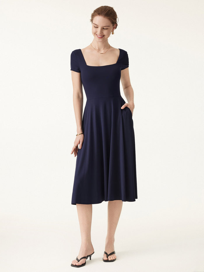 Flowy Square Neck Short Sleeve Midi Bra Dress