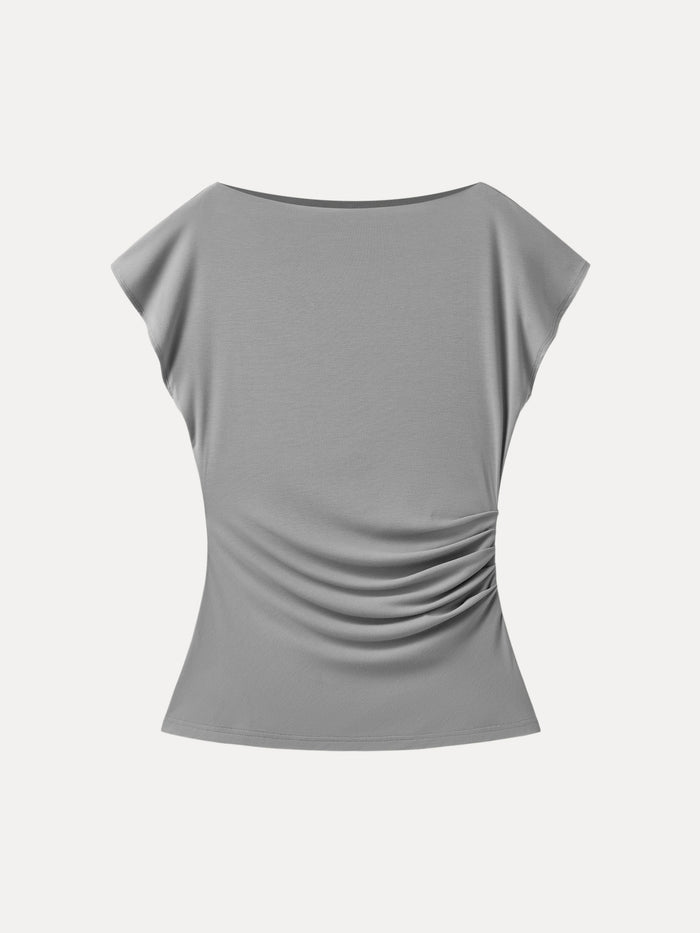 Boatneck Flutter Sleeve Side Tucked Long Tee