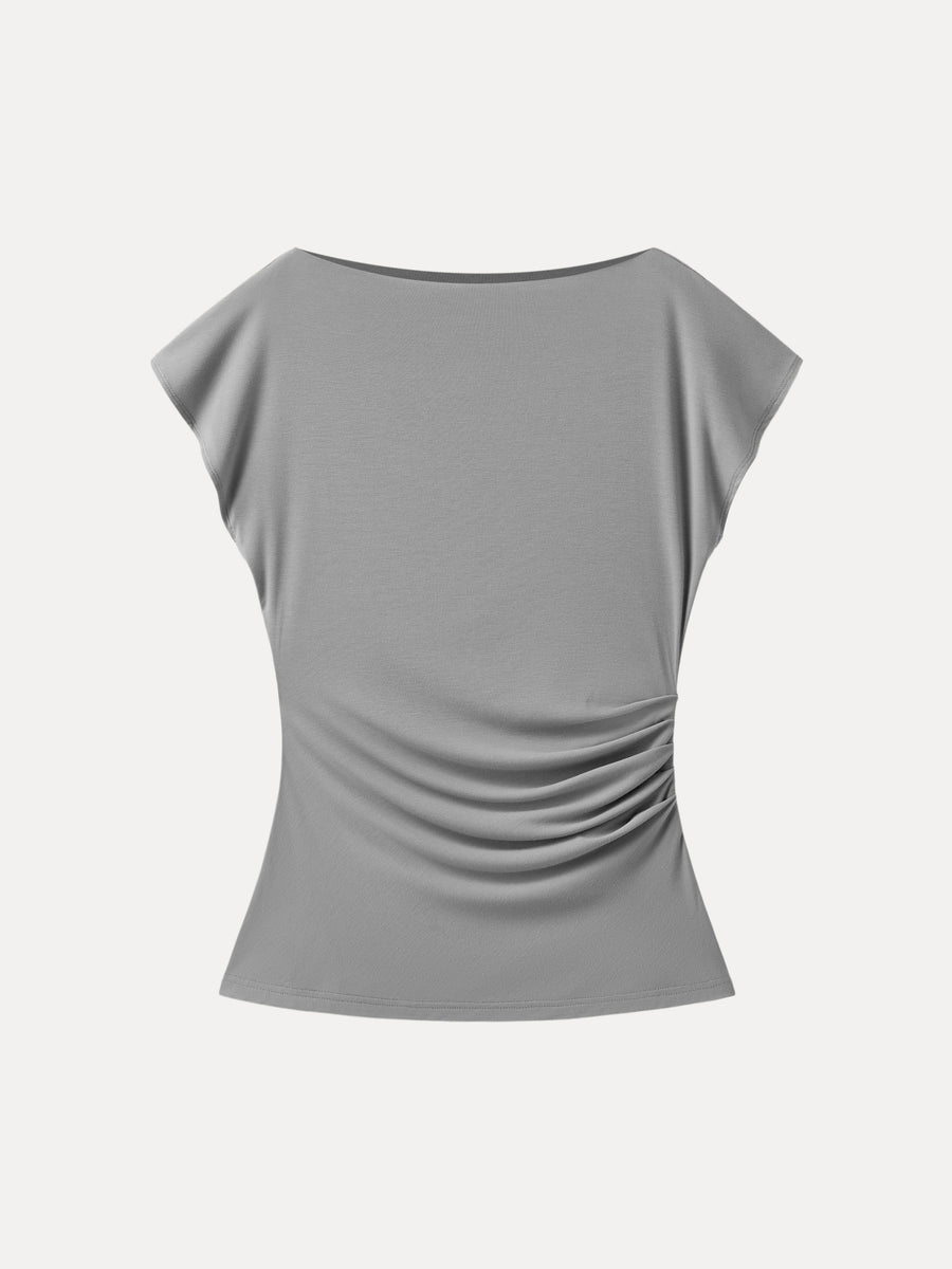 Boatneck Flutter Sleeve Side Tucked Long Tee