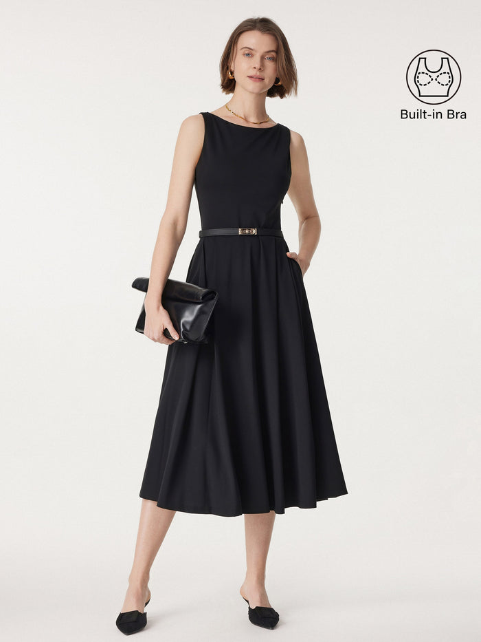 Boatneck Bamboo Ponte Bra Midi Dress with Pockets