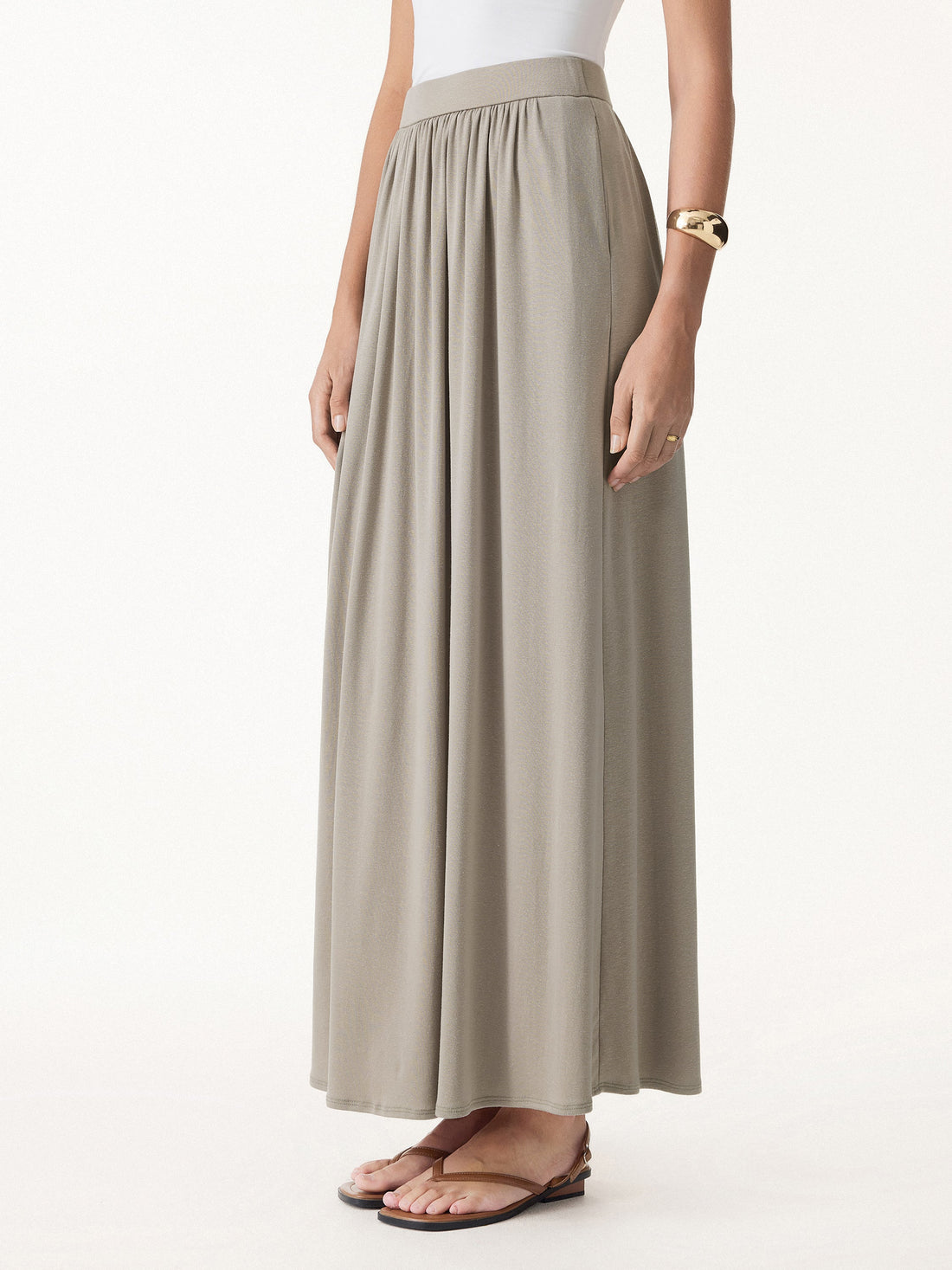 Soft Linen Knit Gathered A-Line Maxi Skirt with Pockets