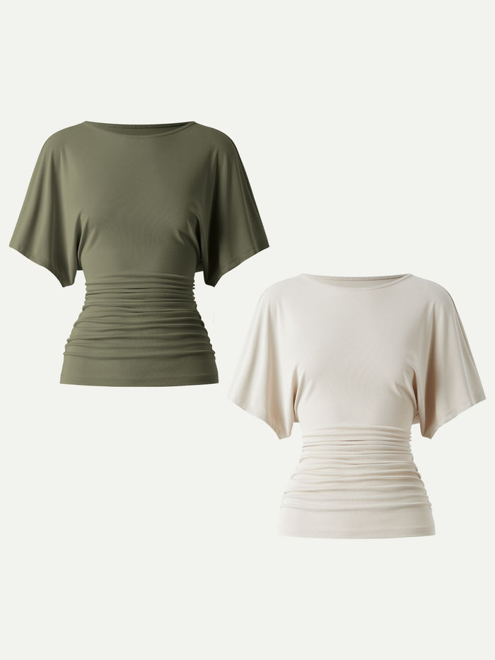 Effortless Boatneck Batwing Sleeve Side Ruched Top