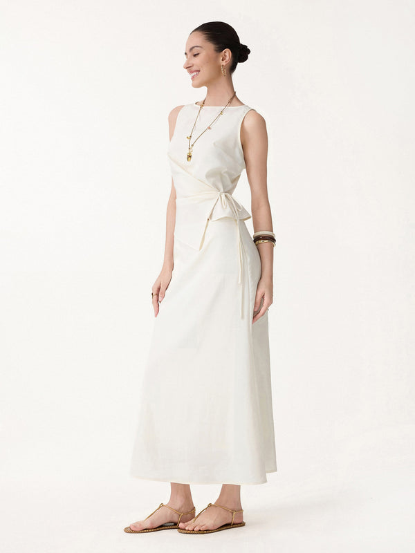 2Pcs Set Boatneck Waist-Defined Top & Maxi Flared Pull-On Skirt