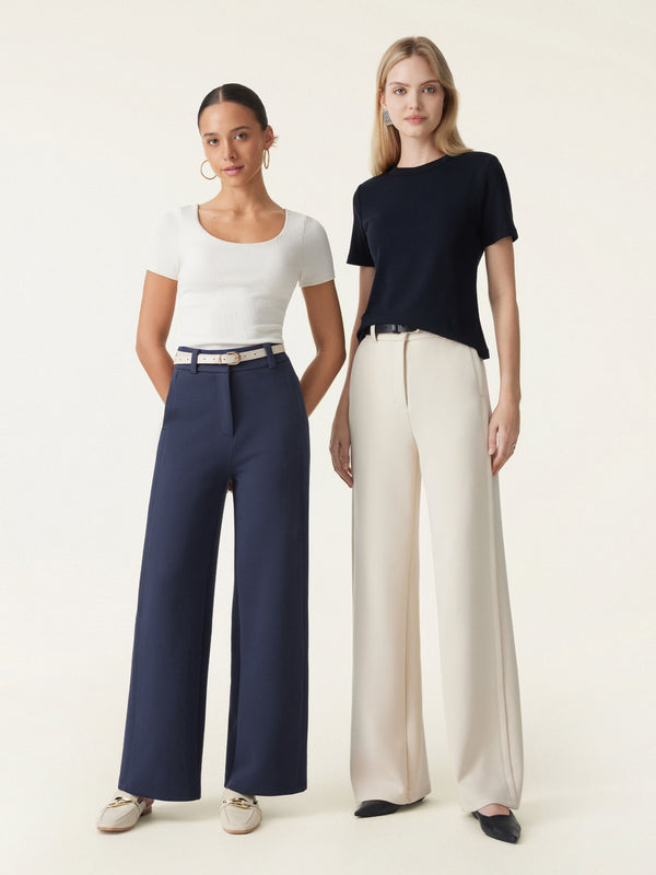 Stretchy Mid Rise Fly-Front Wide Leg Trouser