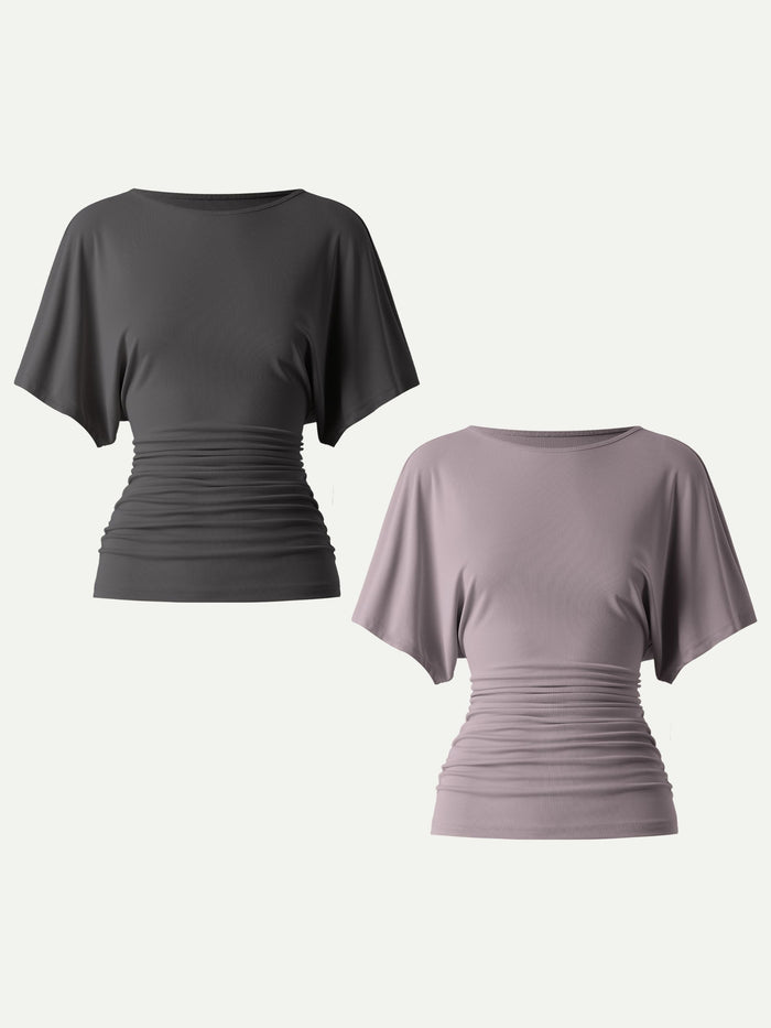 Effortless Boatneck Batwing Sleeve Side Ruched Top