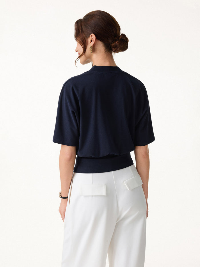 Stand Collar V-Neck Short Sleeve Top