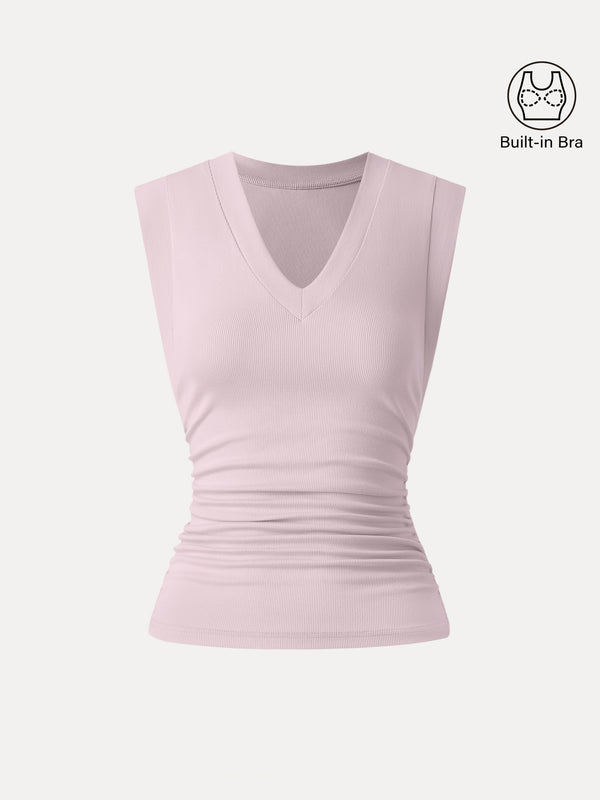 Stretch Cotton V-neck Side Ruched Muscle Bra Top
